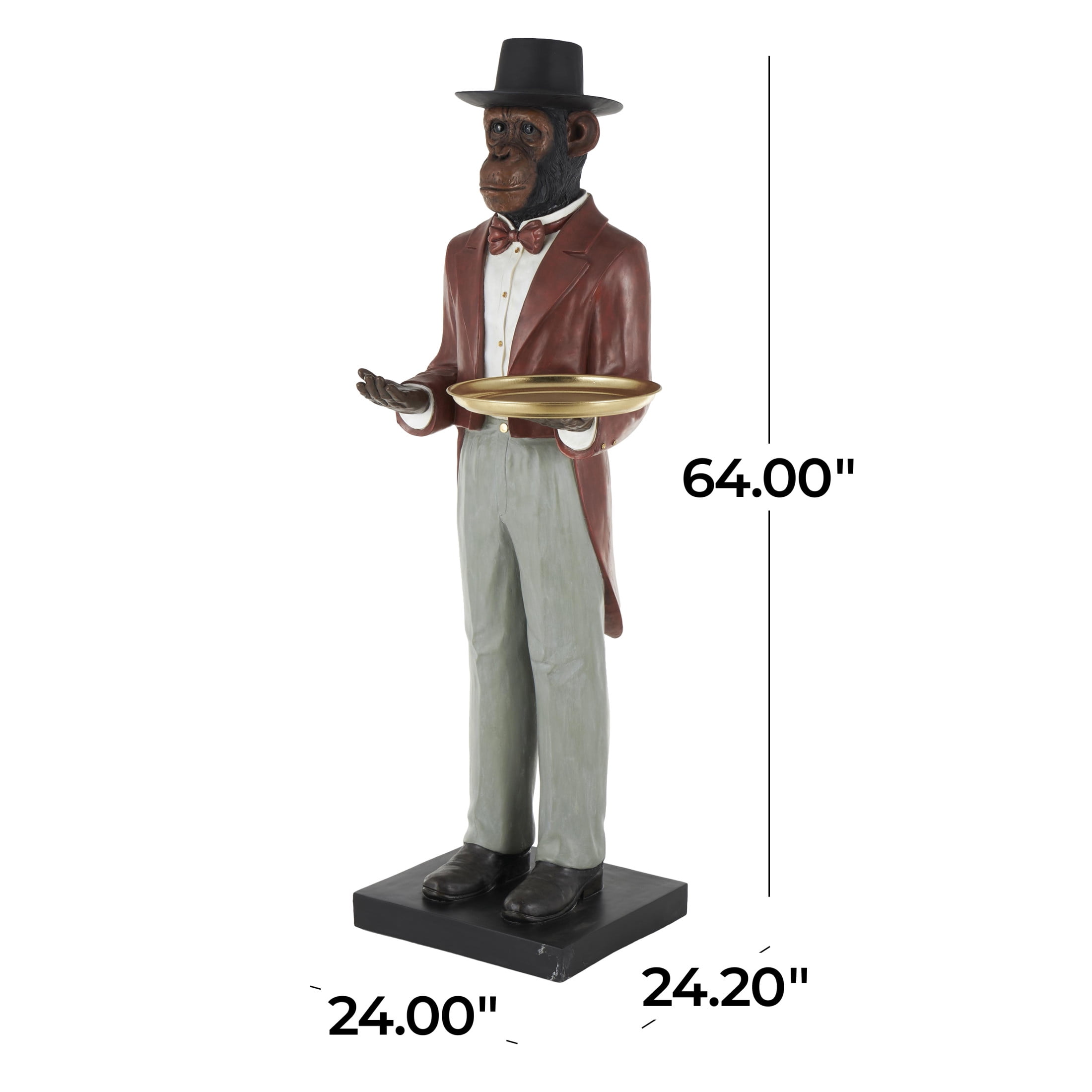 24" x 64" Red Resin Tall Waiter Monkey Sculpture with Gold Accent and Square Base, by DecMode
