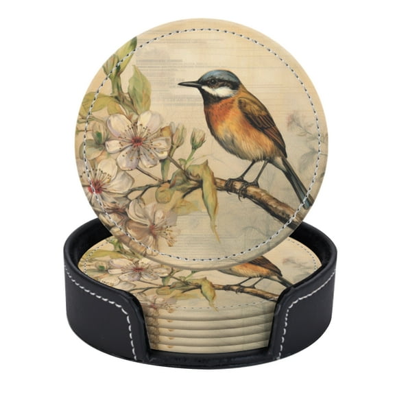 PU Leather Coasters for Drinks Bar Beer,Set of 6 with Holder,Round Housewarming Gift,Watercolor Painting Of Bird Perched On Branch