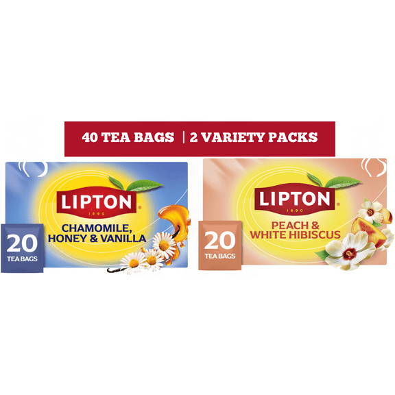 Lipton Herbal Tea Variety Pack, Golden Chamomile & Peach Paradise, 40 Total Tea Bags (2 Flavors, 20 Each), Caffeine-Free, Individually Wrapped