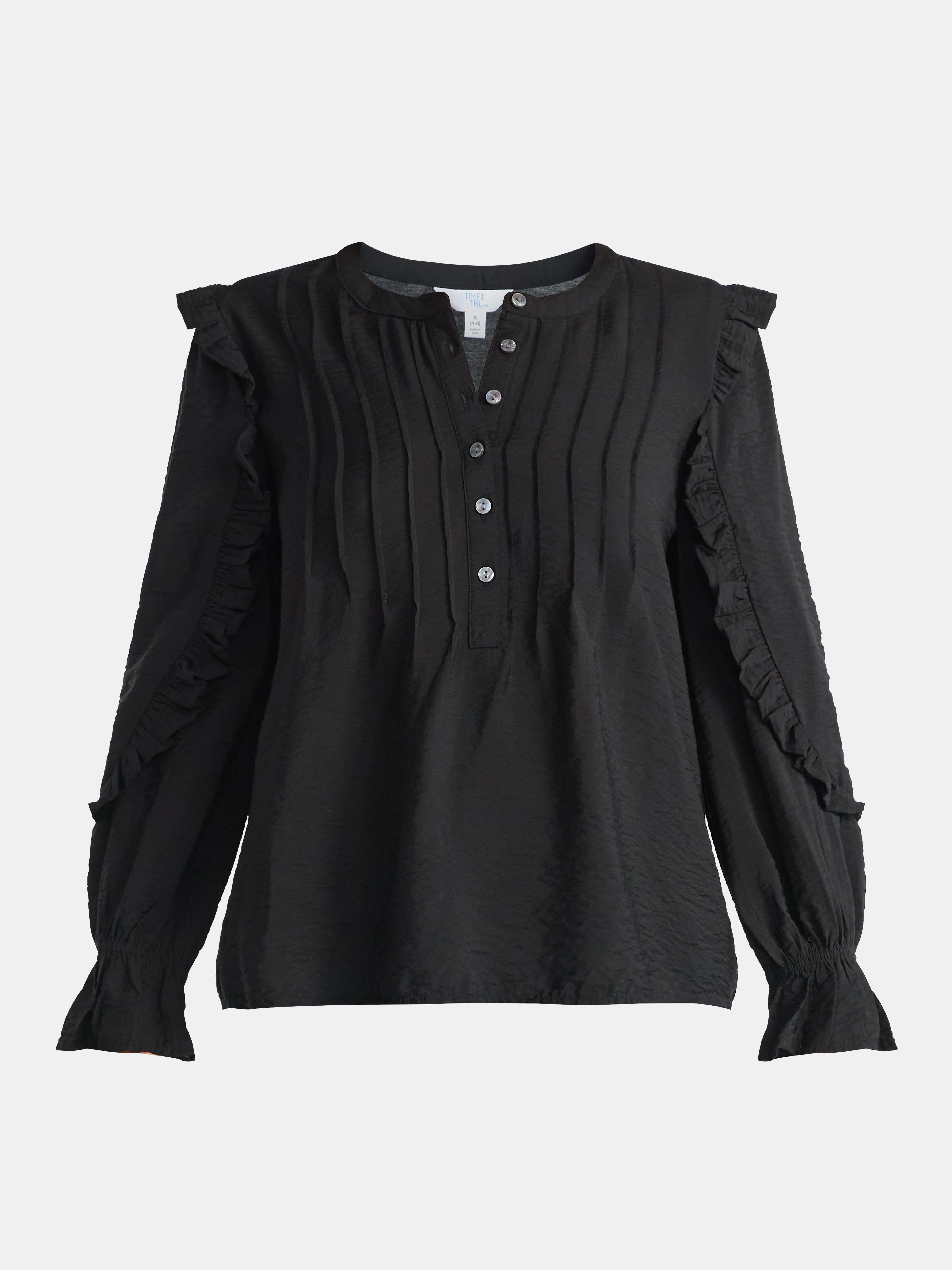 Time and Tru Women's Pintuck Ruffle Blouse with Long Sleeves, Sizes XS – XXXL