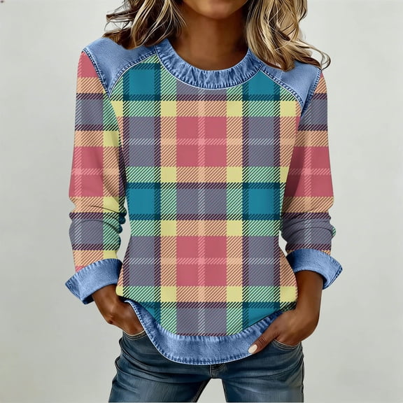 TaTaai Ladies Fashion Plaid Long Sleeve Round Neck Patchwork Blouse Casual Loose Fit Lightweight Soft Top Comfortable Daily Wear Shirt For Women Office Street Wear Gift