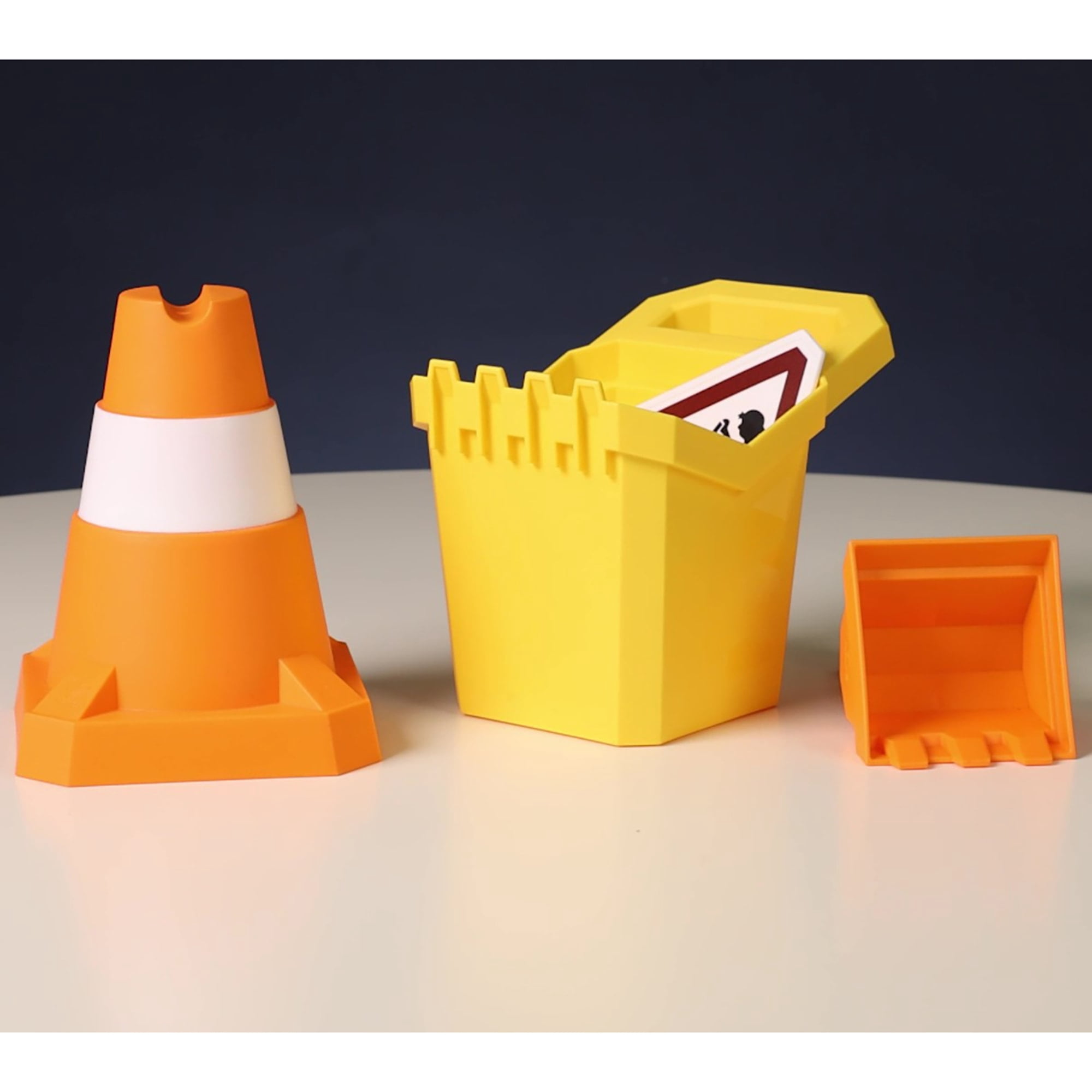 Hape: Sand Construction Playset - 4pc Beach Toy Set, Digger Bucket, Bulldozer Shovel, Safety Cone, Indicator, Scoop & Dig, Water Play, Kids Ages 3+