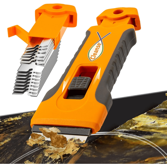 Razor Blade Scraper with 15 Replacement Blades – Glass Stove Top, Oven & Cooktop Cleaner, Sticker & Decal Remover, Non-Scratch Grip Tool for Home & Auto Use