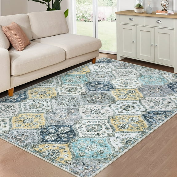 GlowSol 10'x13' Area Rug Large Machine Washable Rug Vintage Medallion Floral Print Rug Moroccan Trellis Rugs for Living Room Bedroom, Blue Yellow