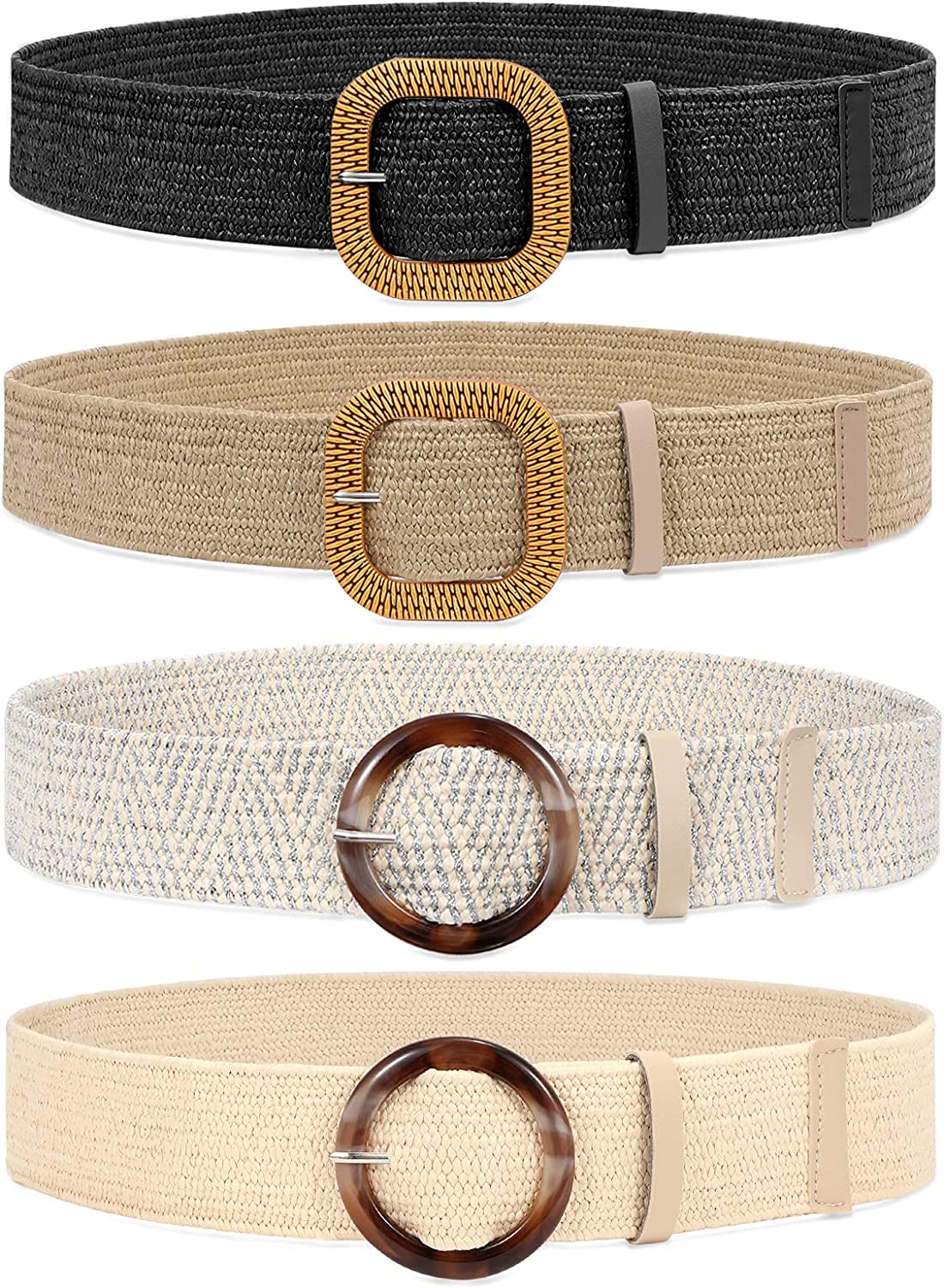 Set of 4 Straw Woven Elastic Stretch Waist Belts for Women. Fashion