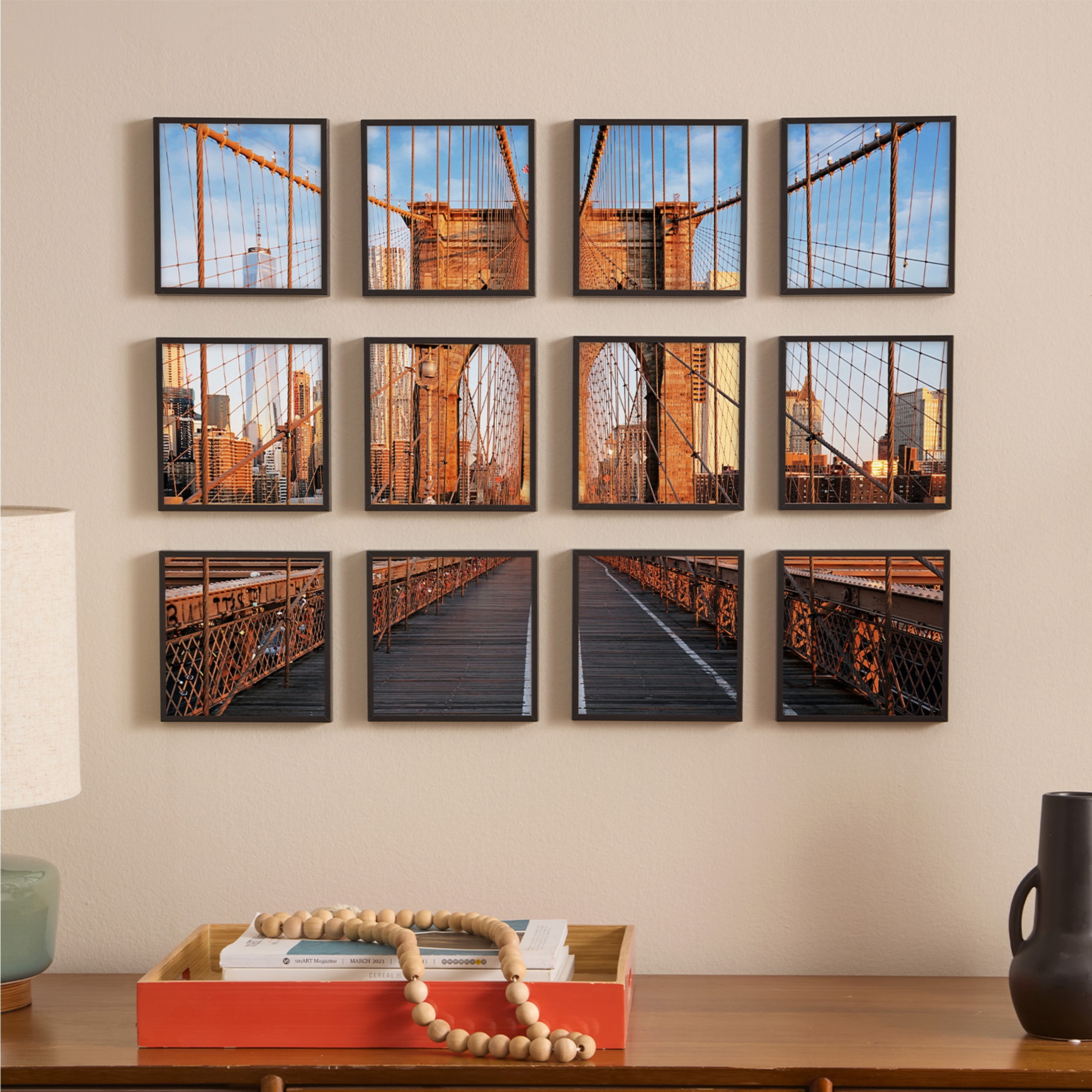 TilePix Mini 6x6 Black Photo Frame 12-Piece - Customizable Magnetic Frame for Gallery Wall, Nail-Free Hanging Photo Tile