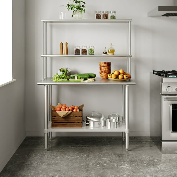 Flash Furniture Portable Prep and Work Table with NSF Certified 18 Gauge Stainless Steel Top Shelf and Double Overshelves and Galvanized Steel Undershelf