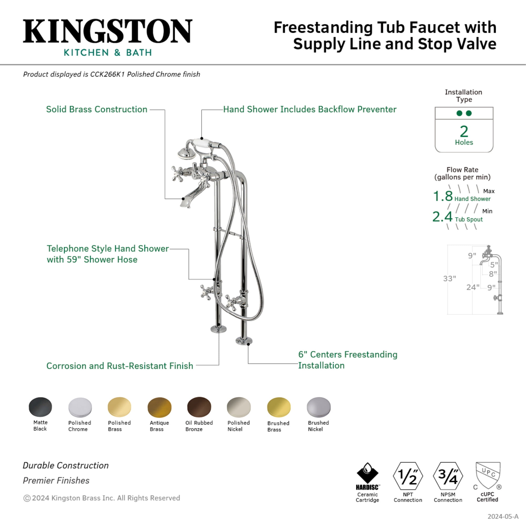 Kingston Brass CCK266K5 Kingston Freestanding Tub Faucet with Supply Line and Stop Valve, Oil Rubbed Bronze