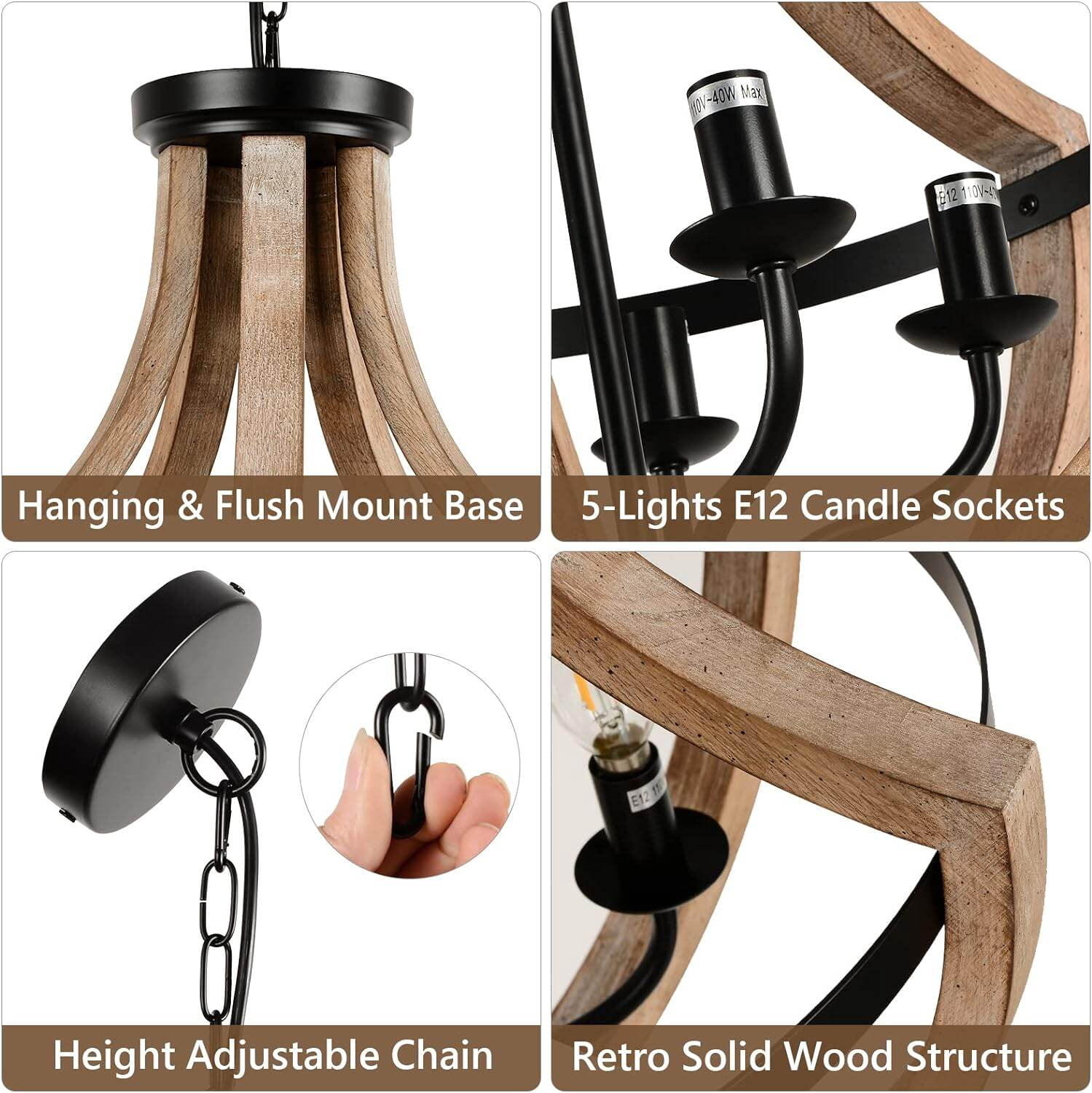 Table Lamp 19" Farmhouse Chandelier Light Fixtures, 5-Light Dining Room Light Fixtures Over Table, Solid Wood Modern Chandeliers for Dining Room Living Room Kitchen Island Bedroom Foyer, Height Adjus