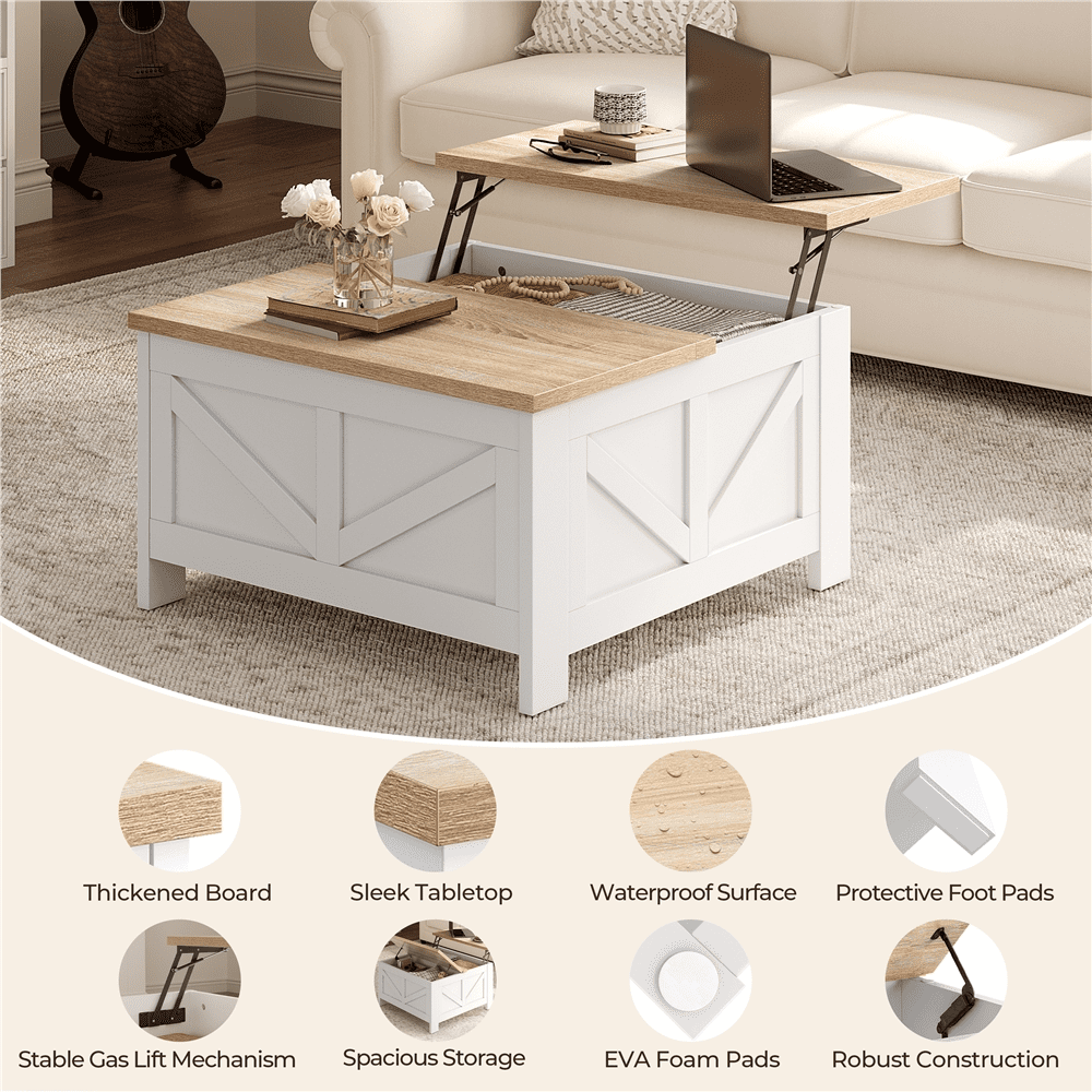 Alden Design Farmhouse Square Lift Top Coffee Table with Hidden Compartments, White & Light Oak