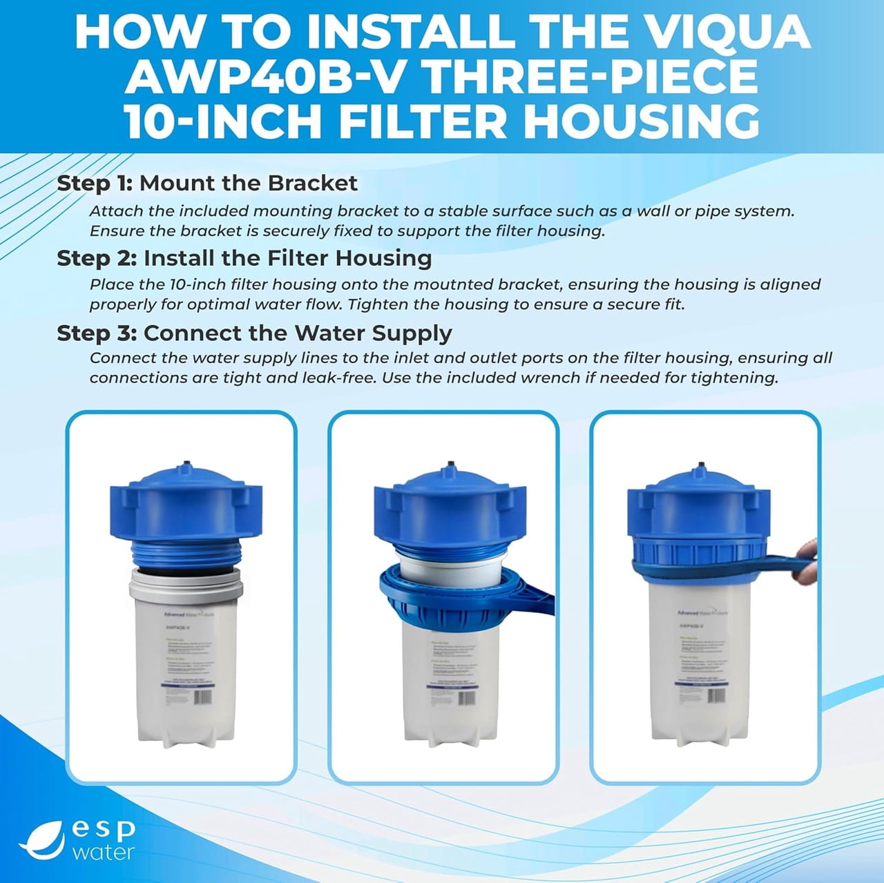 VIQUA AWP40B-V NSF 42 Certified 3-Piece High-Flow Whole House Pre-Filter Housing with Pressure Relief Valve, Mounting Bracket & Wrench 4.5 x 10 Inch, 1" FNPT, 20 GPM, UV Pre-Filtration