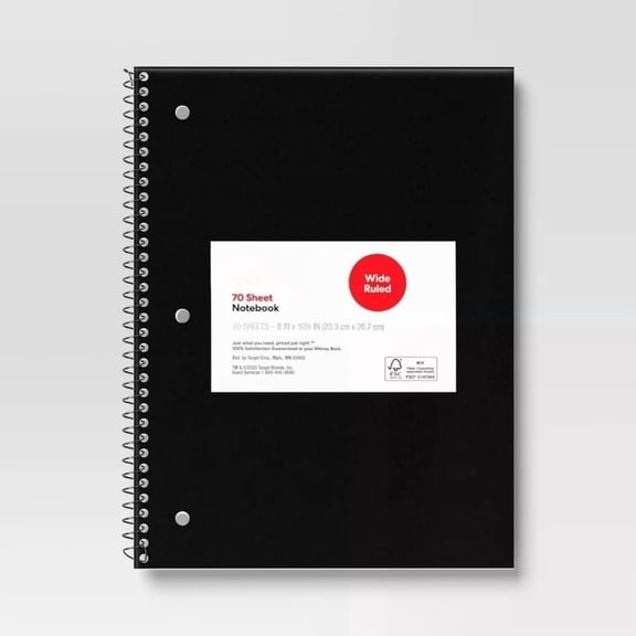 Subject Spiral Notebook Wide Ruled Black