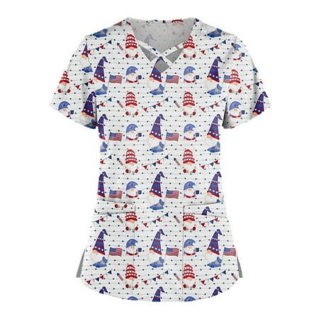 

4th of July Shirts Plus Size Cute Printed Scrub Working Uniform Tops For Women Cross V-Neck Short Sleeve Fun T-Shirts Workwear Tee With Pockets White Small