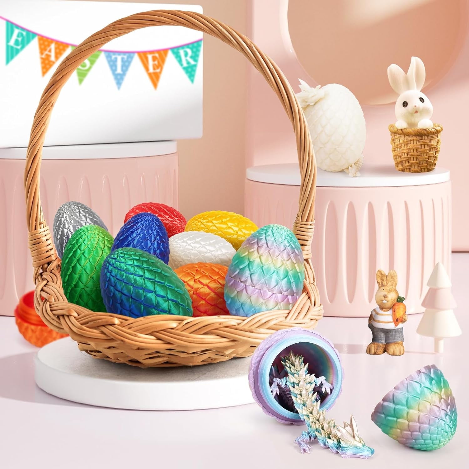 3D Printing Toys - 12" 3D Printed Dragon&Egg Cool 3D Printed Articulated Crystal Dragon Toy for Ages 8+ (4Pcs-B)