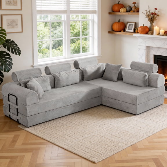 L shape Modular Sectional Sofa Couch , 4 Seat Compressed Sectional Sofa Modern Minimalist Style Corduroy Sofa Couch,Unfold into a bed for Living Room, Apartment, No Assembly Required, Light Gray