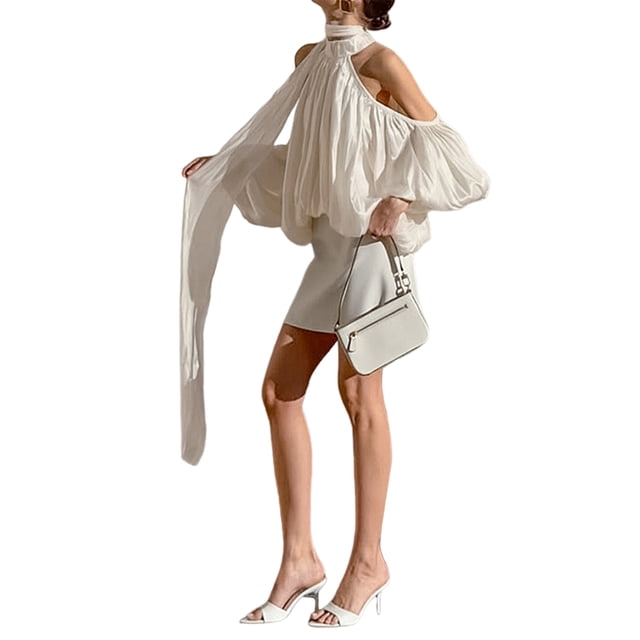 Womens Off Shoulder Halter Neck Long Sleeve Blouse Versatile and Elegant Commute Top S