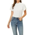 thumbnail image 1 of Blusa casual de manga corta con cuello fruncido para mujer INSPIRE CHIC, espalda con abertura, color blanco, 1 of 5