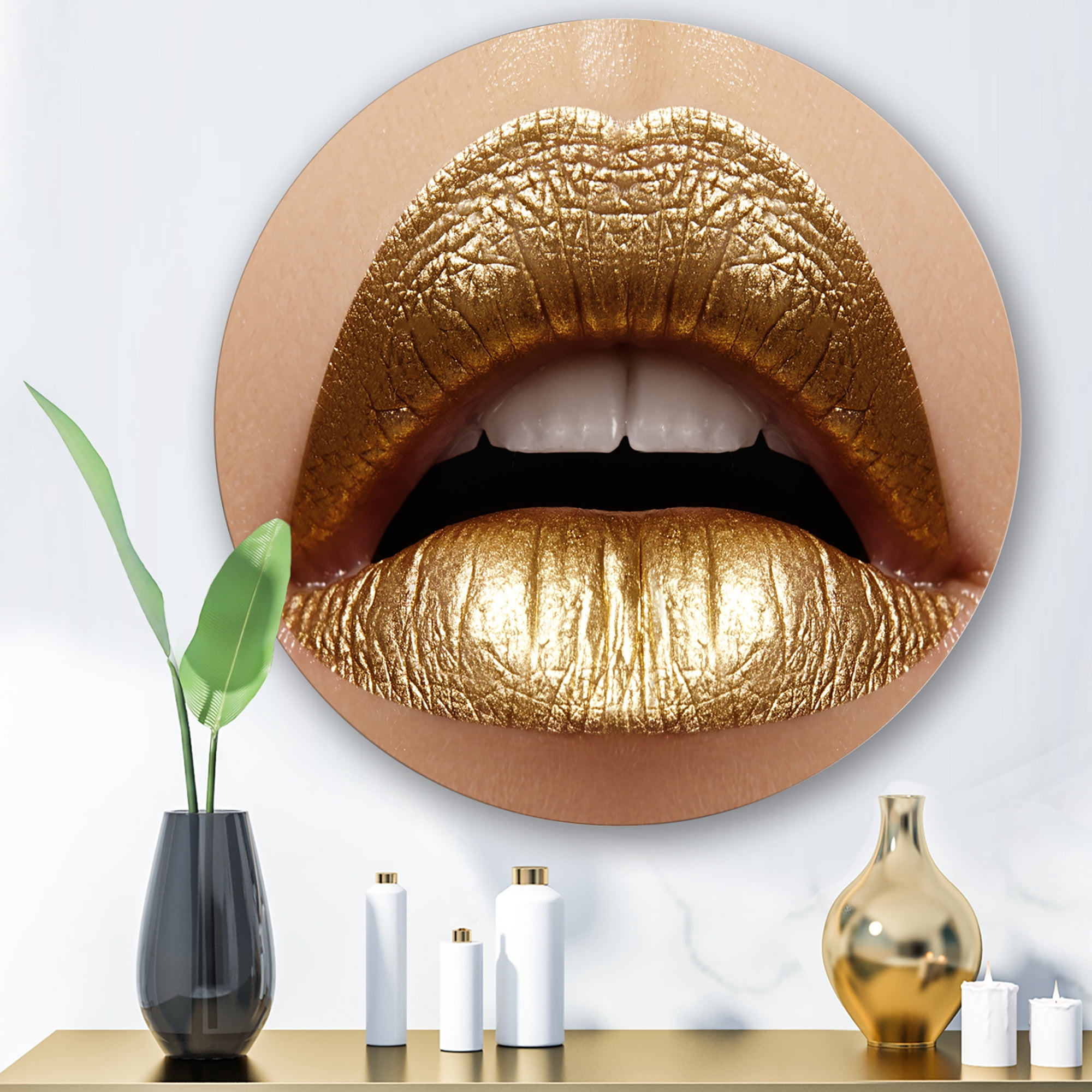 Designart 'Close Up of Woman Plump Lips With Golden Lipstick' Modern Circle Metal Wall Art 23x23 - Disc of 23