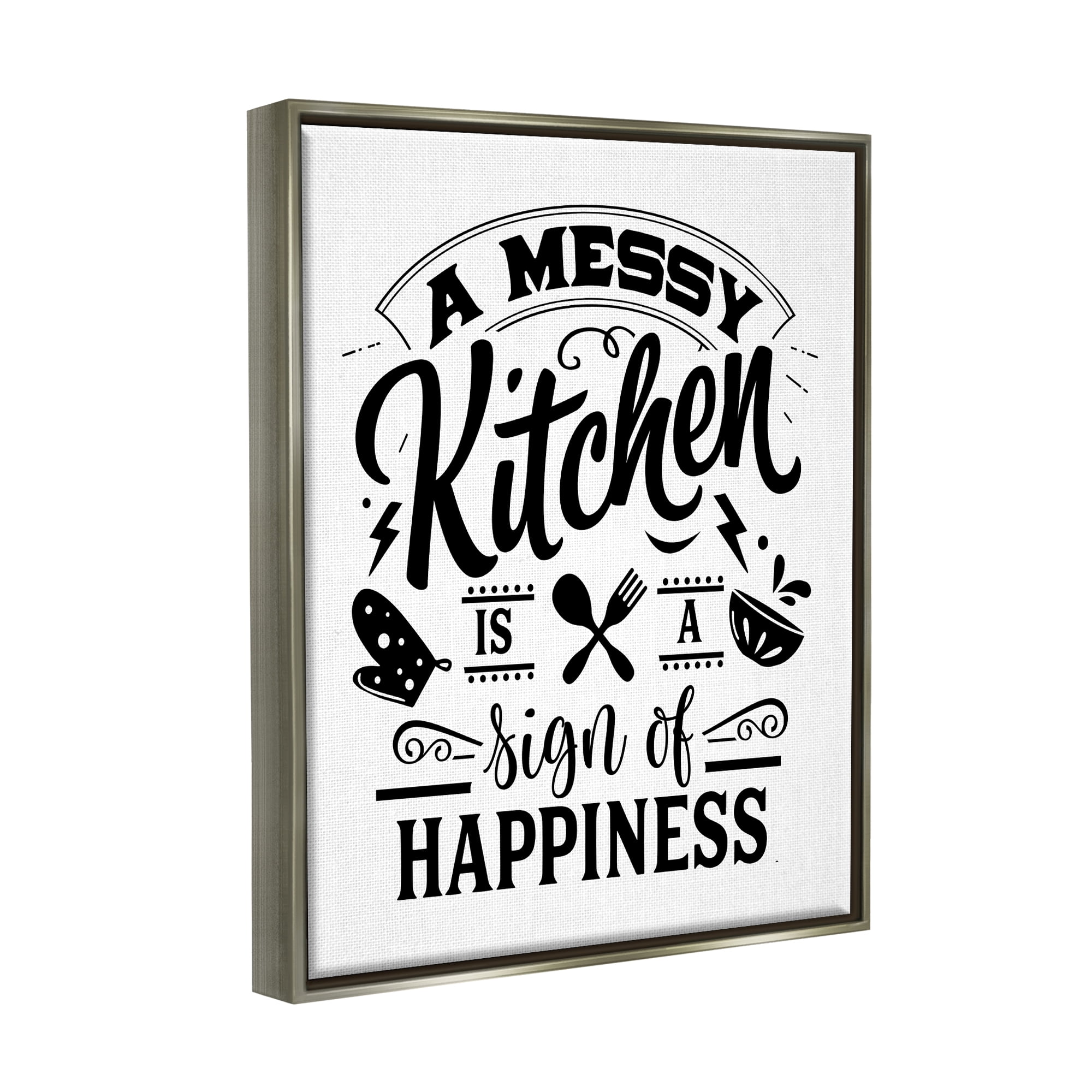 Stupell Industries Kitchen Happiness Retro Style Casual Silverware Motif Graphic Art Luster Gray Floating Framed Canvas Print Wall Art, Design by Lettered and Lined