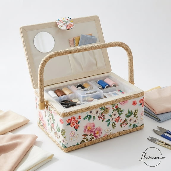 Ihvewuo Sewing Basket with Removable Tray Practical Sewing Basket Organizer with Interior Pocket Portable Sewing Storage Box Stylish Sewing Kit Basket 9.45×6.89×5.12inch Needles Thread Tape Measure