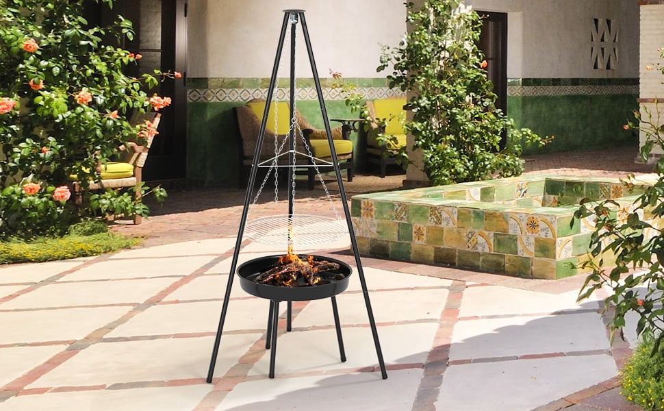 Camping Fire Pit Portable, Outdoor Height-Adjustable Hanging Tripod with Stainless Steel Barbecue Net and Charcoal Barbecues Grill Tall Garden Patio Heater for Campfire Cooking Pot Rack black
