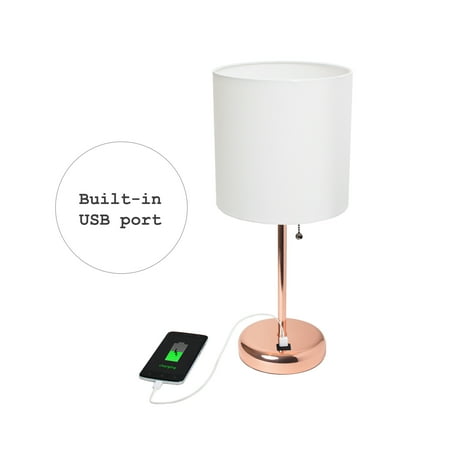 Limelights - Stick Lamp with USB charging port and Fabric Shade - White/Rose Gold