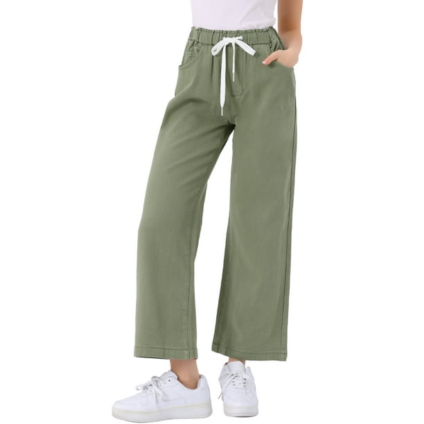 Jeans de pierna ancha para mujer INSPIRE CHIC con cintura elástica y cordón, pantalones de mezclilla casuales con bolsillos, verde militar L