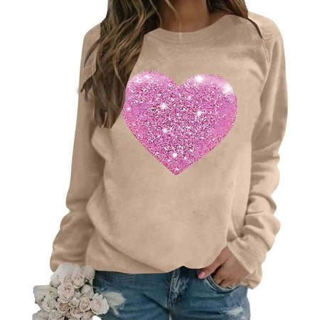 Arlun Valentines Sequins Heart Graphic Sweatshirts for Women Casual Long Sleeve Glitter Heart Graphic Pullover Tops Autumn and Winter Fashion Going out Outfits Khaki L