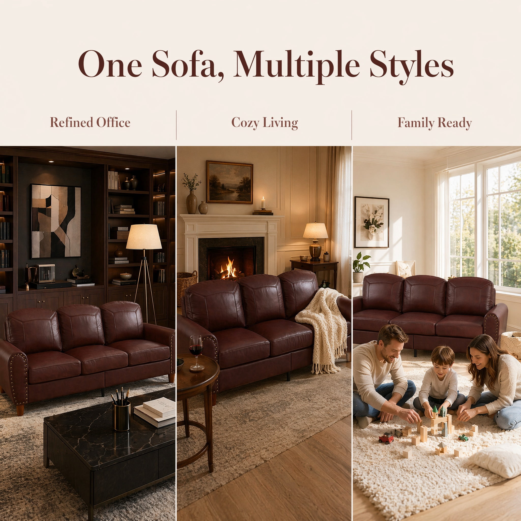 Mid-Century Modern Faux Leather 3-Seater Sofa,81.5"W Classic Rolled Arm Sofa Couch with Brass Nailhead Trim & Solid Wood Legs,Apartment,Living Room,Burgundy