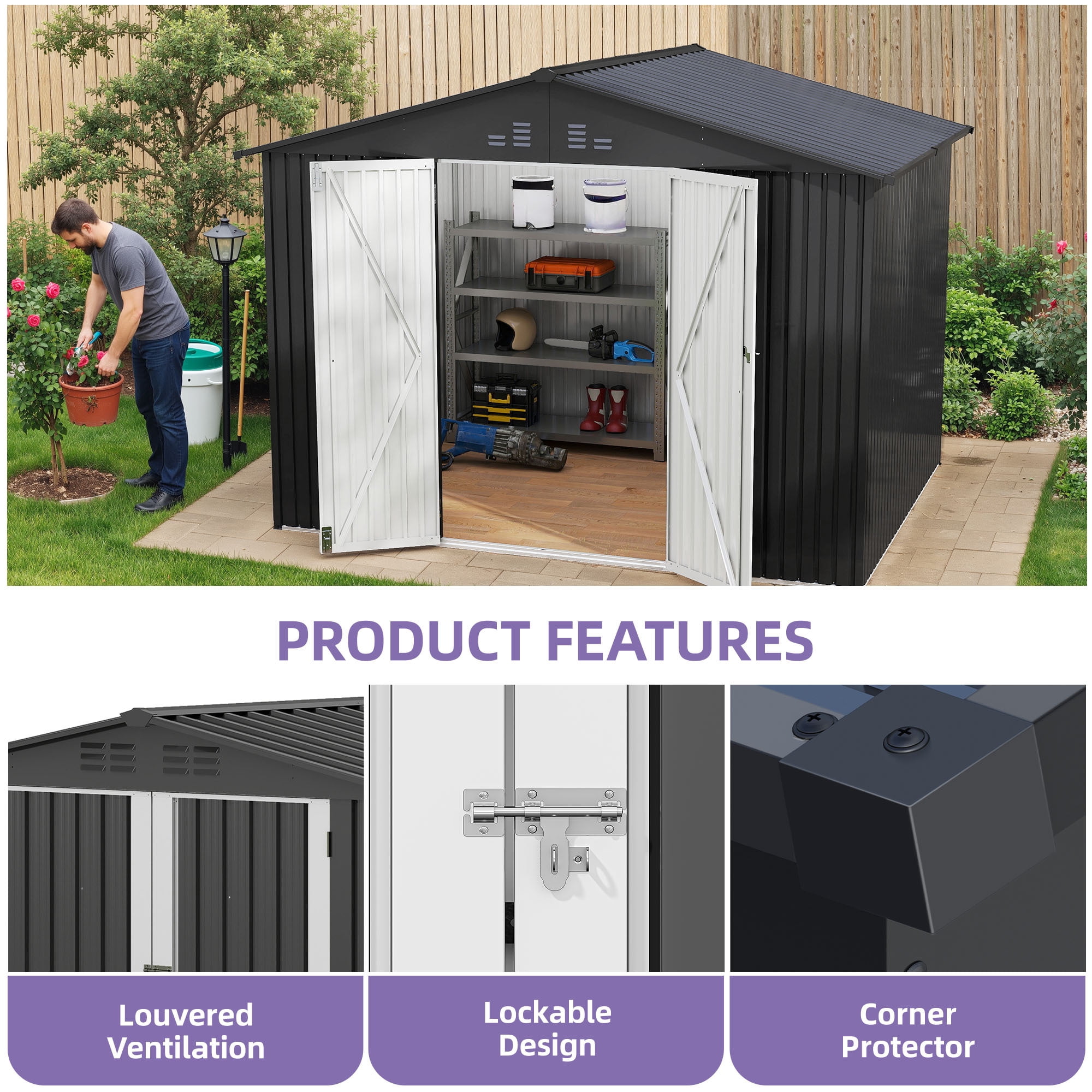 Uforic 7'x5' Metal Outdoor Storage Shed, Waterproof Tool Shed with Lockable Door and Vents, Storage Unit for Bike, Tools, Lawn Mower, Backyard Patio Lawn, Dark Gray