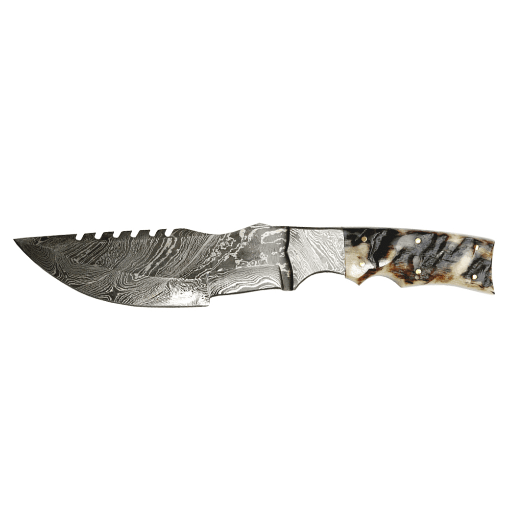 TheBoneEdge 10.5" Damascus Steel Fixed Blade Full Tang Black Ram Horn Handle Hunting Knife