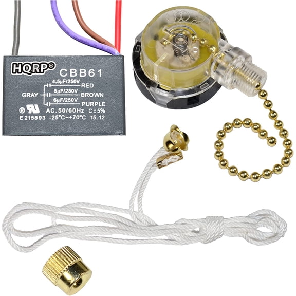 HQRP Kit Ceiling Fan Capacitor CBB61 4.5uf 5uf 6uf 4-Wire and 3-Speed Fan Switch