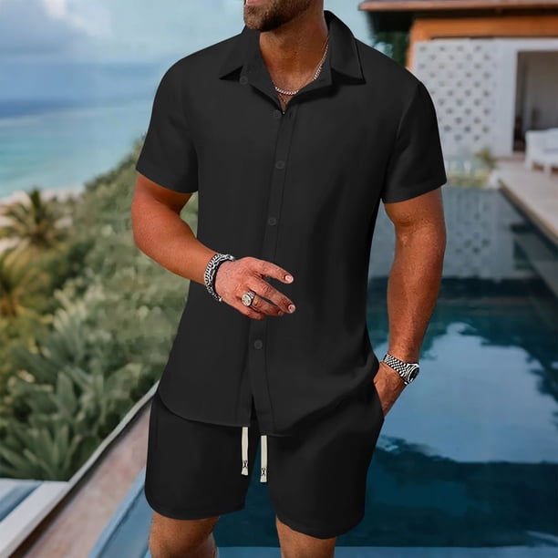 Ceisia Men's Loose Fit Casual 2-Piece Set Short Sleeve Button-Down Shirt with Elastic Waist Drawstring Shorts Gifts