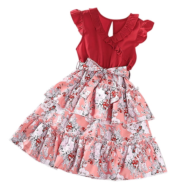 Chandails pour Filles Taille 8 Robe de Demoiselle d'Honneur en Robe d'Été à Manches Volantes Imprimé Floral
