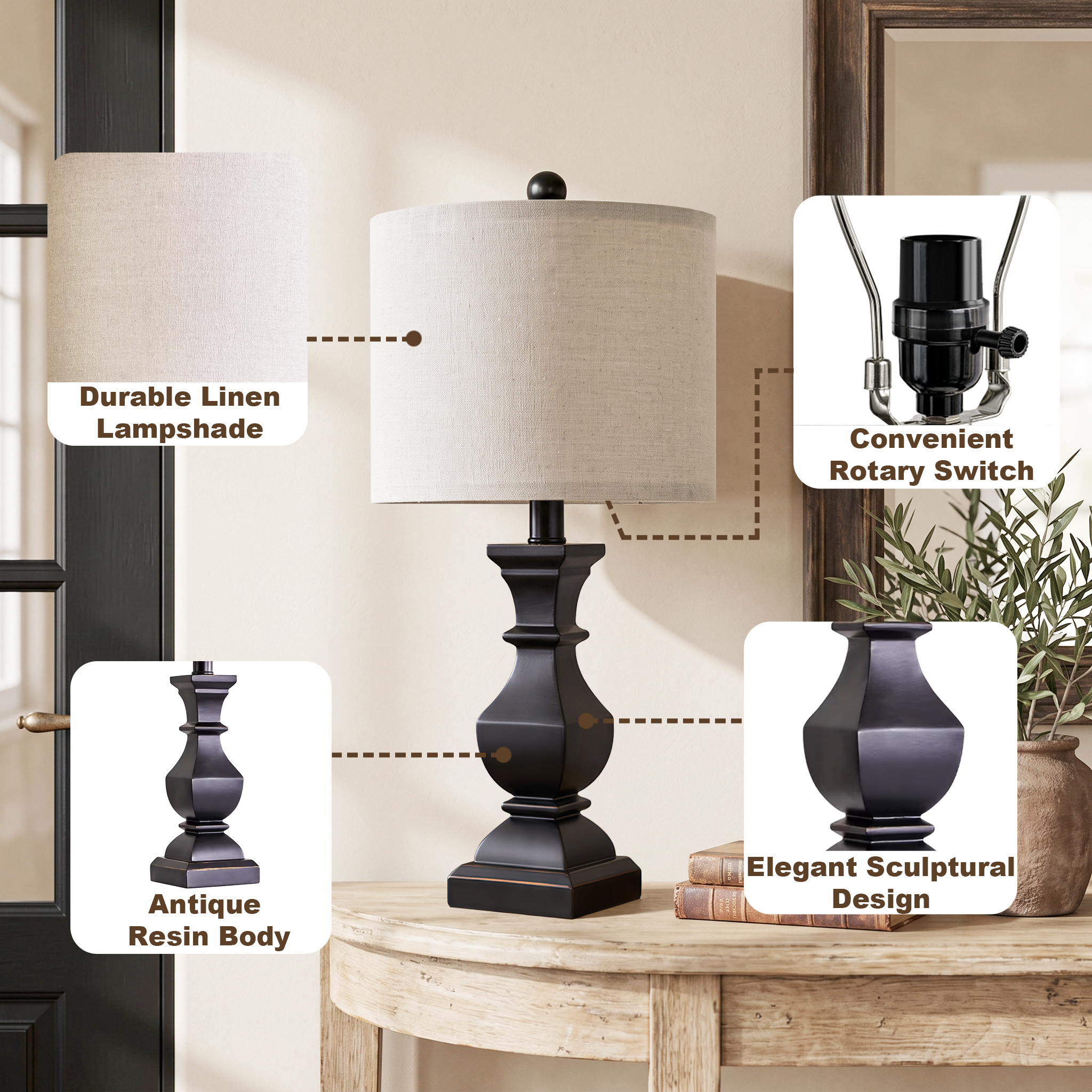 Oneach Retro Resin Table Lamps, Beige, Set of 2, 20.5 Inches photo 2