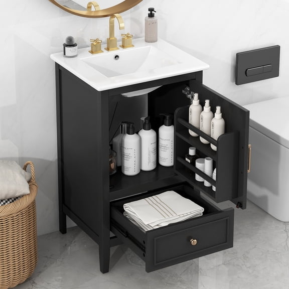 20-inch bathroom vanity with sink, bathroom cabinet, ample storage space, with door, door shelf storage rack, adjustable footrest, drawer, black