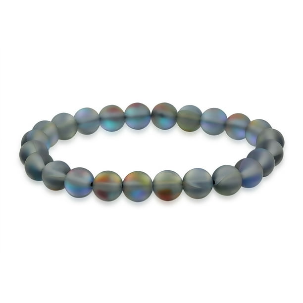 Rainbow Iridescent Créé Perle Ronde de Pierre de Lune Bleue 8MM Empilage Brin Bracelet Extensible pour les Femmes Hommes Adolescent Unisexe