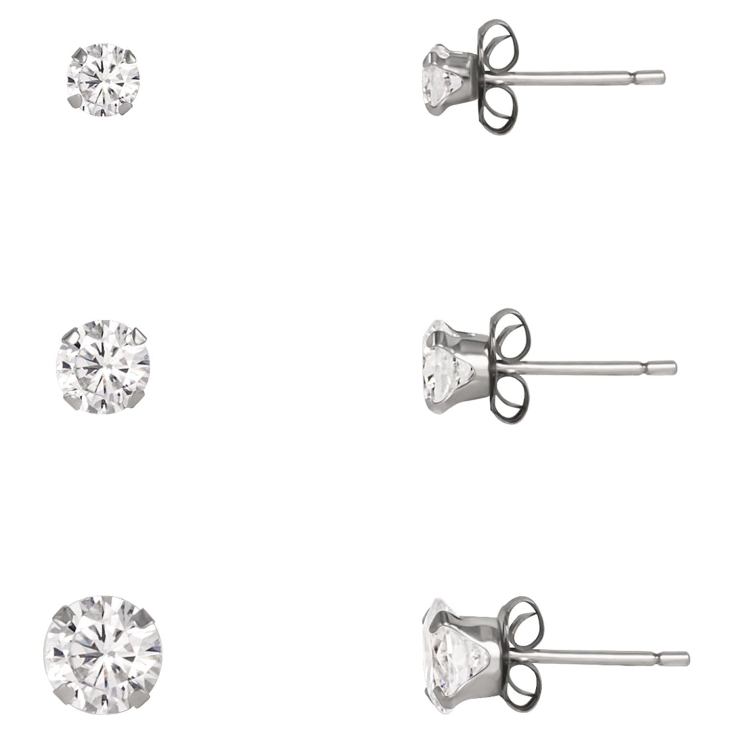Brilliance Fine Jewelry Women's 10kt White Gold Cubic Zirconia Stud Earrings Set, 3/4/5mm