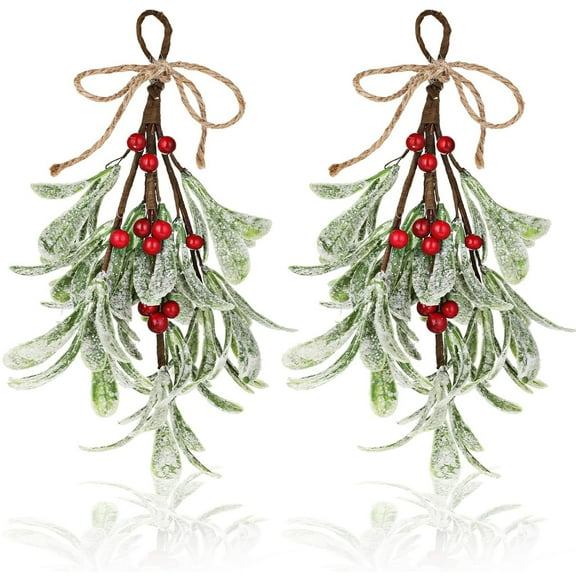 2 Pack Christmas Mistletoe Decor, 9in Artificial Mistletoe Decoration with Red Berries, Artificial Mistletoe Floral Stems,Mistletoe Hanging Ornament for Christmas Tree Fireplace Door Home Decor(Red)