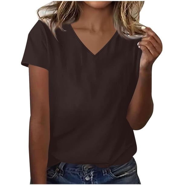 Blusas de Manga Corta para las Mujeres Verano Color Sólido V-Cuello Blusa de Manga Corta, Poliéster Casual Top para las Mujeres, Lavado a Mano Toda la Temporada