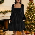 thumbnail image 4 of Women's Velvet Dress with Pockets Square Neck Long Sleeve Tie Back Mini Babydoll Dress Christmas Party Outfits (L, Black), 4 of 7