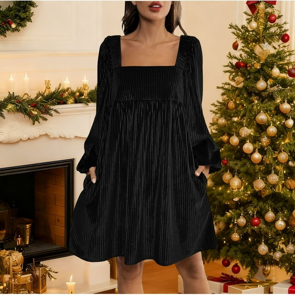 Gamivast Velvet Dress for Women Long Sleeve Midi Winter Square Ruffle A Line Flowy Cocktail Party Dresses Elegant Dress for Holiday Evening