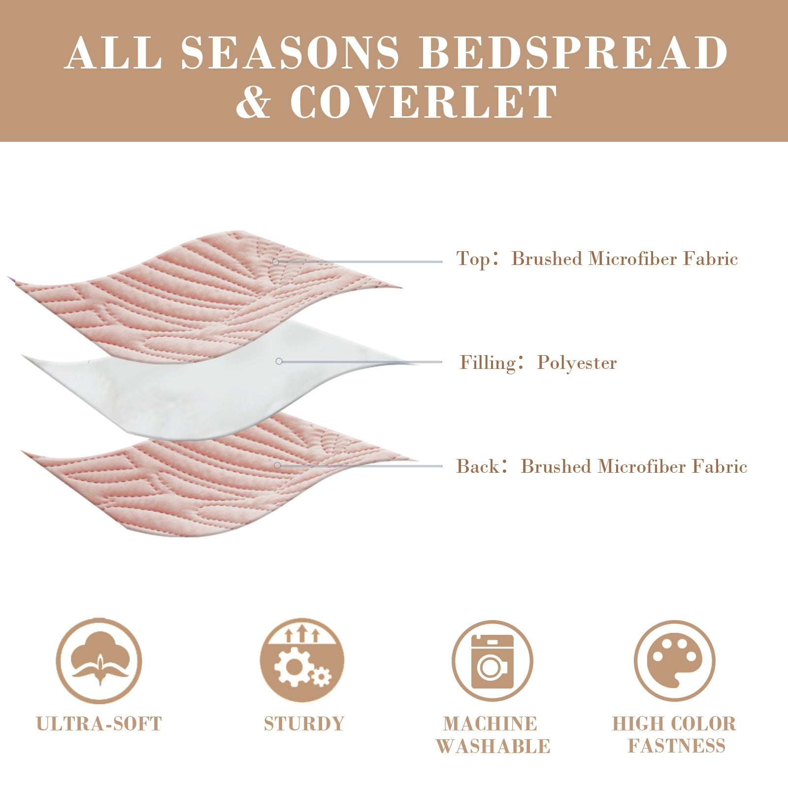 Exclusivo Mezcla Ultrasonic Full Queen Size Quilt Set Blush Pink, 3 Pieces Lightweight Bedspread Leaf Pattern Bed Cover Soft Microfiber Coverlet Bedding Set for All Seasons