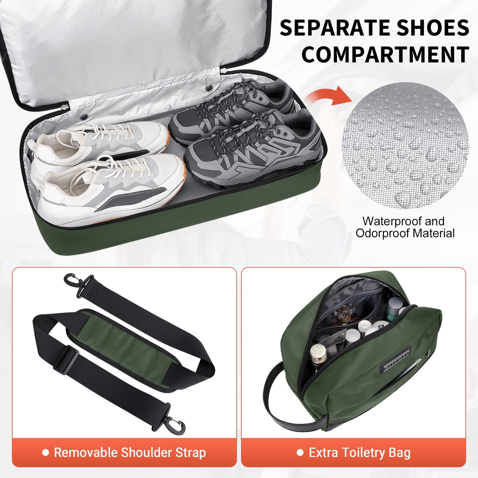 WITZMAN Travel Duffle Bags for Men Weekender Bags with Toiletry Bag Sets Carry on Overnight Bag 55L（B696 Army Green）