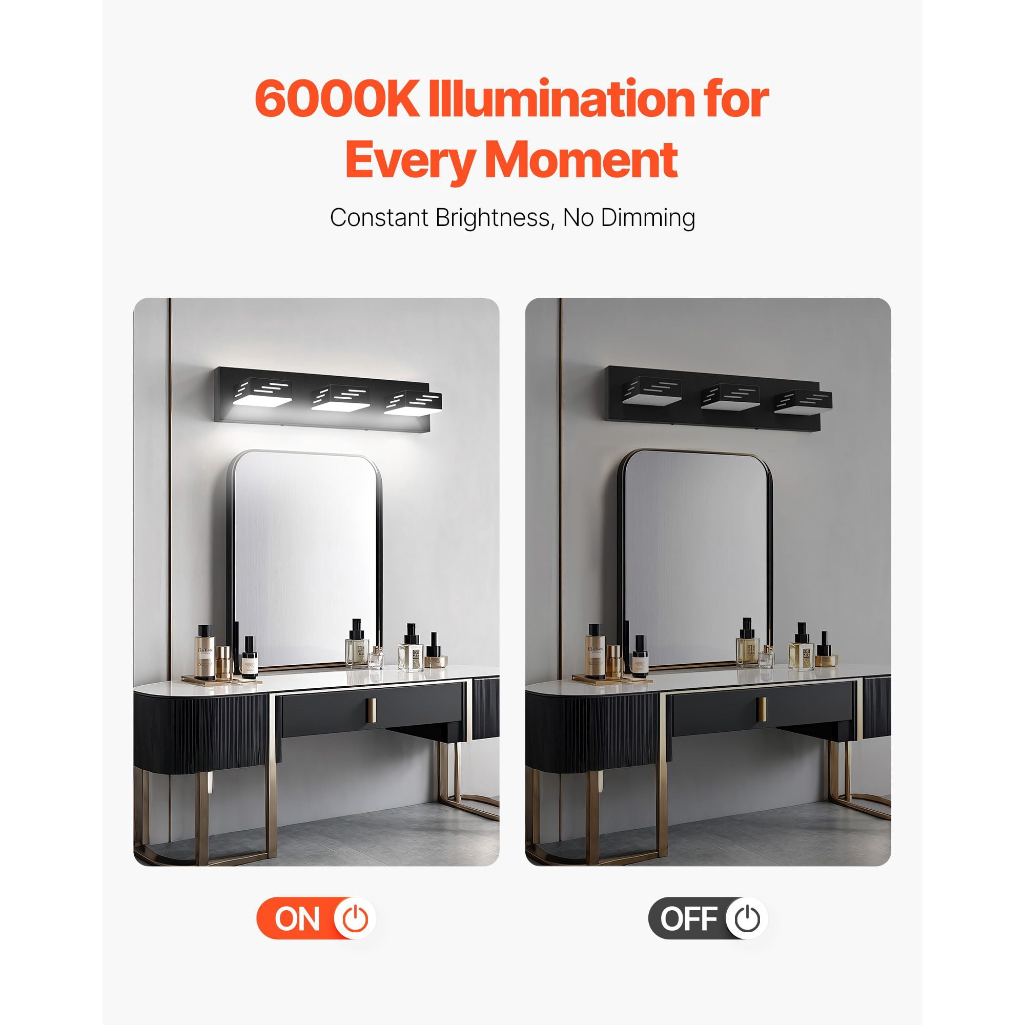 3-Light LED Bathroom Vanity Light 24W 6000K 360° Rotatable IP44 Waterproof for Bathroom Makeup Mirror
