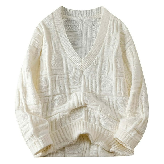 HAiming Sweaters for Men Solid Long Sleeve V Neck Cable Knitted Jumper Tops Plus Size Casual Loose Pullover Sweater