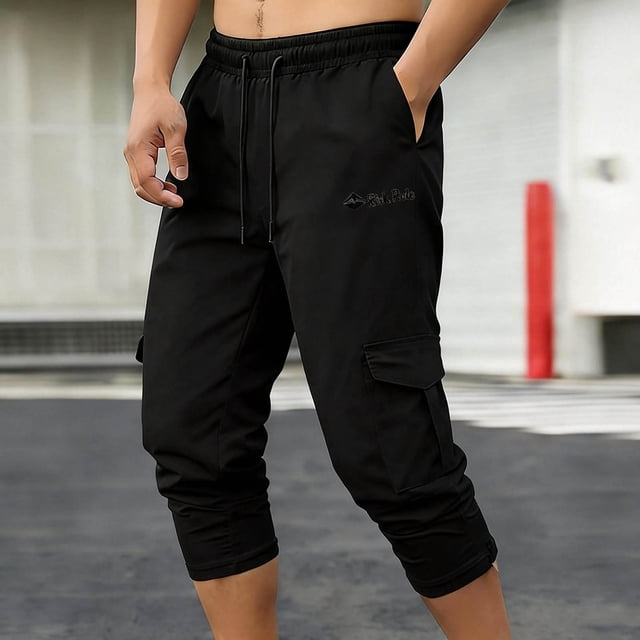Ceisia Men's Solid Color Loose Cargo Capris with Elastic Drawstring Waist & Multi Pockets Black XL Gifts