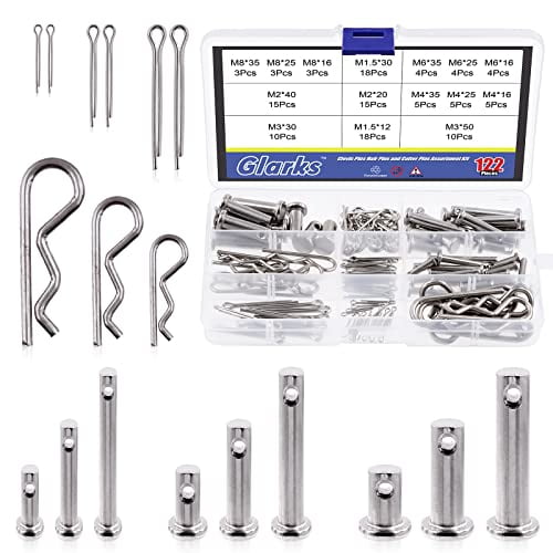 122Pcs 4 Styles Clevis Pin/Cotter Pin/Hair Pin/Dowel Pin Assortment Set, 15 Size 304 Stainless Steel Pin Fasteners for Automotive, Mechanics, Cars, Trucks, Lawn Mower Use