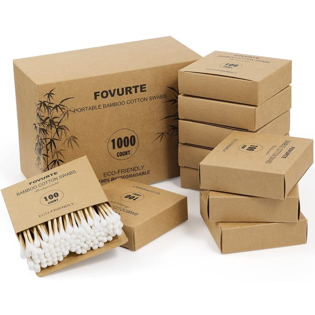 FOVURTE Hisopos de algodón de bambú, 1000 unidades, hisopo de algodón natural con puntas redondas, bastoncillos de algodón de madera con punta doble para limpiar maquillaje de viaje