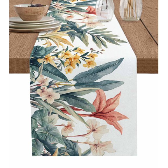 Tropical Leaves Floral Table Runner 72 Inches, Summer Vintage Flowers Bed Runner Dresser Scarves Tabletop for Indoor Outdoor Parties/Ceremony/Banquet, 16" x 72"